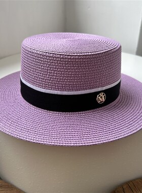 2025夏新款法式复古紫色平顶帽M字草帽女度假时尚遮阳帽平沿礼帽