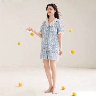 新款夏季纯棉短袖睡衣女甜美花边少女家居服韩系慵懒两件套