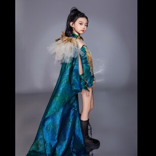 女童走秀演出拍照礼服T台比赛中国风孔雀绿国潮新中式 儿童套装