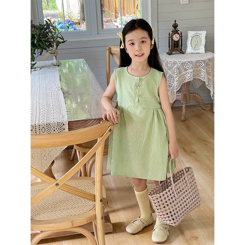 童装女童裙子夏季2024新款儿童连衣裙小清新格子裙薄款无袖连衣裙