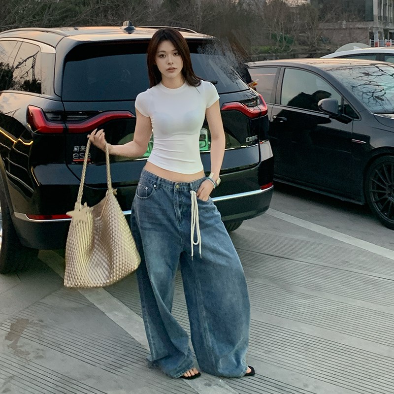 E7Q8 美式舒适百搭圆领修身显瘦收腰短袖t恤女2024夏季新款上衣图片
