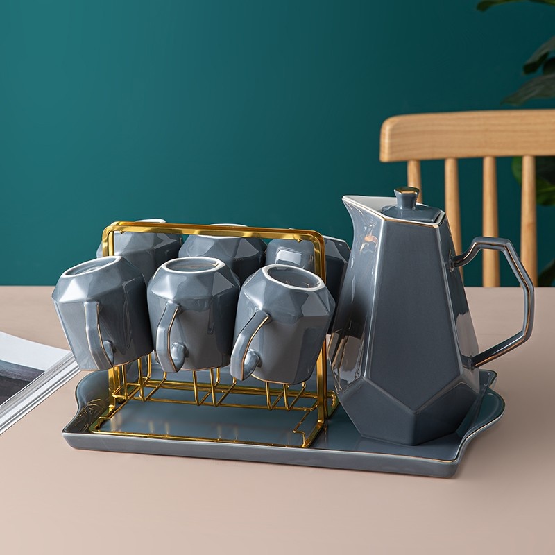 欧式水具套装陶瓷托盘家用客厅描金轻奢水杯耐热杯子水壶下午茶杯