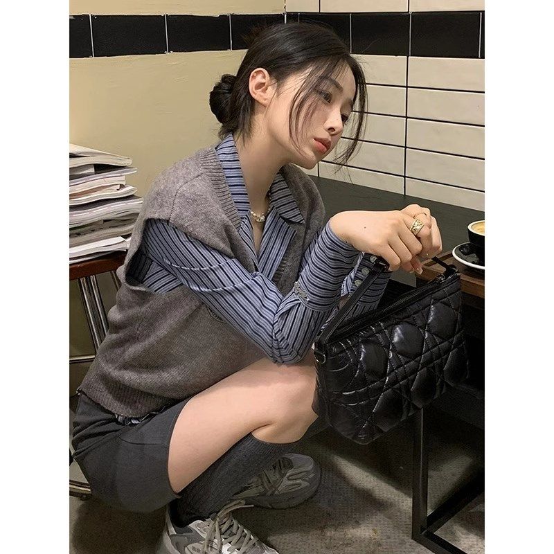 早秋冬季新款学院风搭配一整套毛衣马甲衬衫短裙子两件套装女时尚