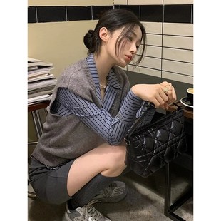 早秋冬季新款学院风搭配一整套毛衣马甲衬衫短裙子两件套装女时尚