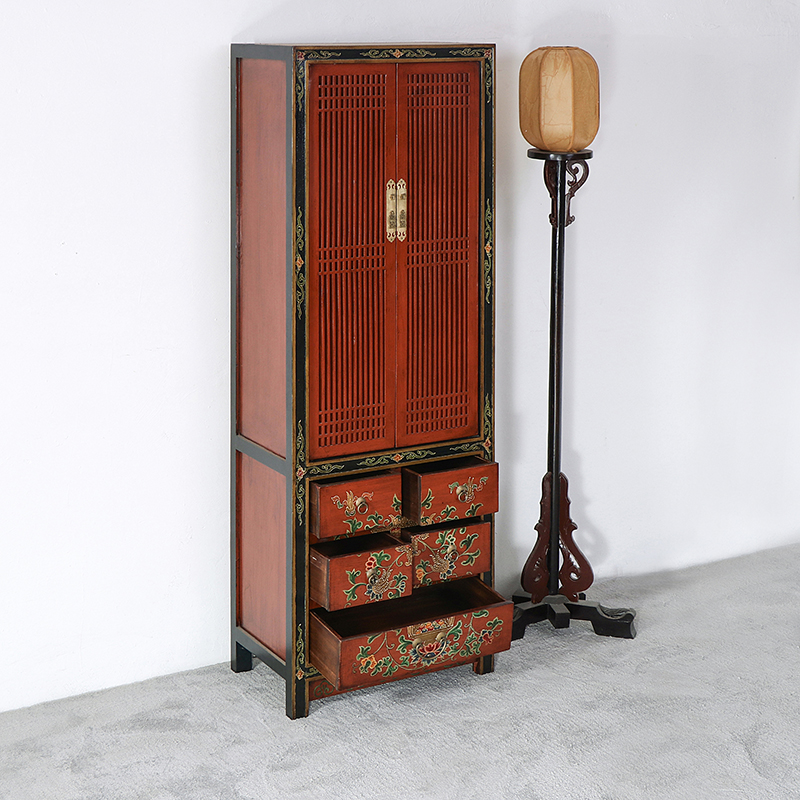 新中式实木单人衣柜仿古手绘卧室两门衣橱整体榆木储物柜定制包邮