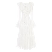 白色V领中长款 艾丽丝2025春季 新款 仙女裙优雅花朵蕾丝显瘦连衣裙