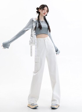 KRO白色工装休闲牛仔裤女2022秋冬新款宽松高腰直筒显瘦阔腿长裤