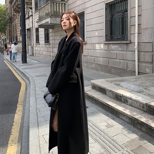 洛边花瓶腰羊毛毛呢大衣双面宽松中长过膝百搭呢子外套双排扣