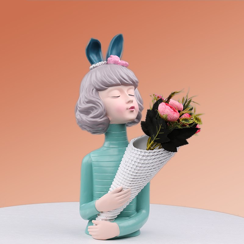 北欧可爱捧花女孩花瓶摆件客厅玄关电视酒柜家居装饰轻奢乔迁礼品