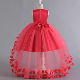 夏季公主裙无袖拖尾裙走秀少儿主持人婚纱晚礼服女大童钢琴演出服