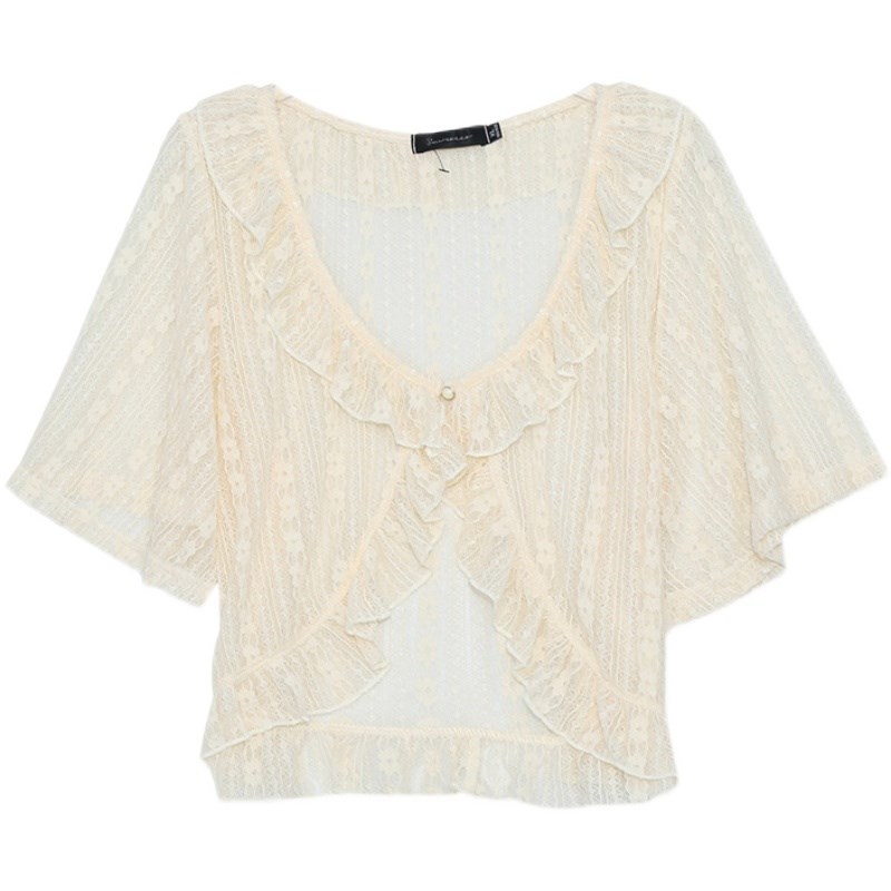 dese嘚瑟软糖大码蕾丝开衫夏季新款气质V领短袖罩衫洋气外搭上衣