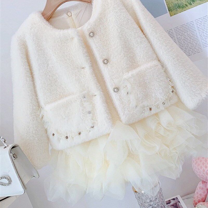 女童公主裙两件套2024秋冬甜美仿貂绒外套儿童气质礼服背心裙套装