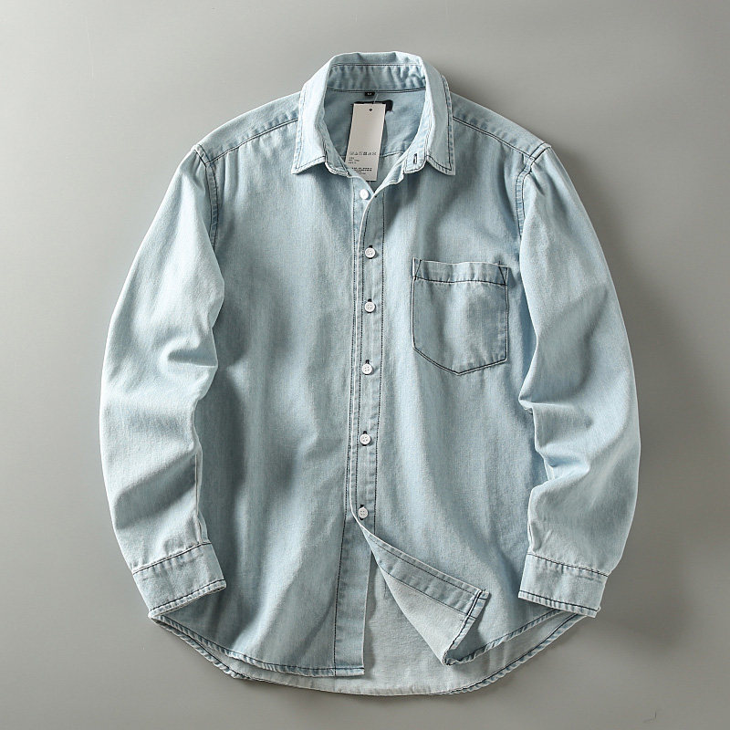 秋季新款 复古腔调 酵素水洗男士全棉简约休闲翻领长袖牛仔衬衫潮