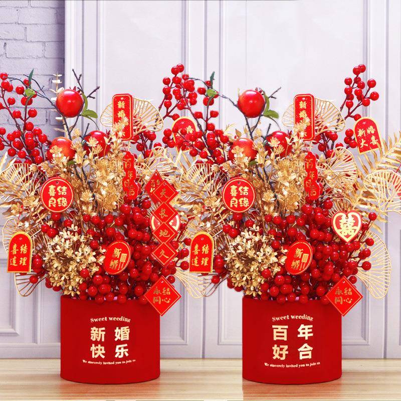 结婚摆件摆件家用旺宅新居客厅装饰仿真花发财果福桶插花摆件直销