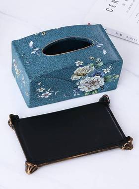 新中工艺轻奢蓝彩绘树脂纸巾盒客厅家素用摆欧式件式中JUG号抽纸