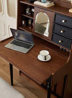 复古古风法OLF木式实钢梳妆化妆琴妆镜卧室美式台收纳书桌一体小