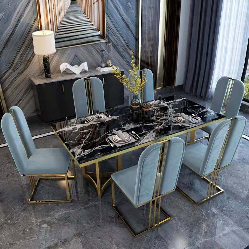 后现代轻奢餐桌椅组合套装大理石餐桌家用不锈钢餐桌简约卡航家具