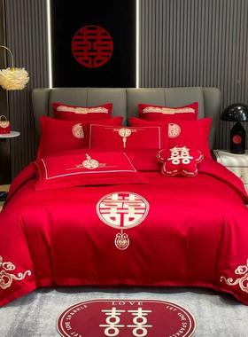 婚床庆四件套大红喜被中床式绣新结婚房嫁刺礼笠单JQE上用品