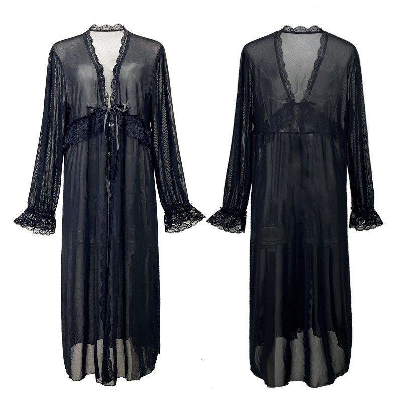 性感雪纺睡袍夏女半透明网纱加长裙黑色长袖沙滩披风蕾丝吊带睡裙,女士内衣/男士内衣/家居服,睡袍/浴袍,淘宝优惠券,粉丝福利购,淘宝优惠卷