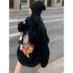 黑色加绒加厚圆领卫衣女秋冬高个子大版美式宽松遮屁股外套中长款