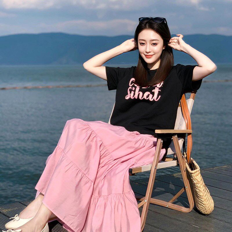 布多欣女款春夏半身裙2024新款百搭褶皱高腰粉色显瘦设计感长裙子