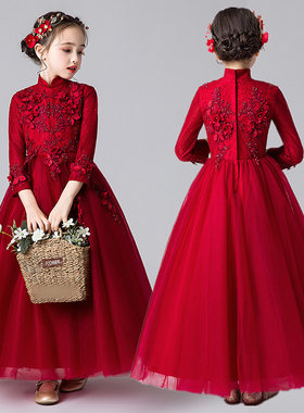 女童红色主持人礼服裙花童婚纱儿童洋气生日公主裙走秀演出服秋冬