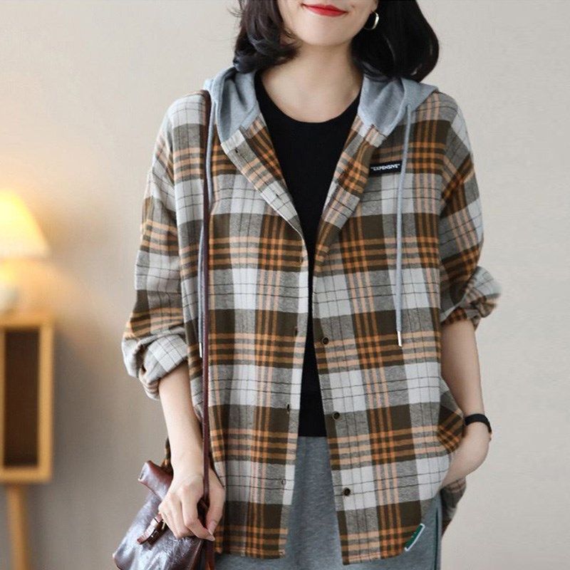 连帽衬衣女春秋款2024新款大码秋装格子衬衫外套妈妈休闲上衣普宁