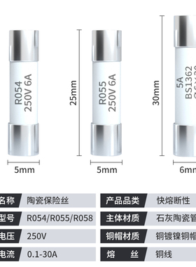 R055熔断器保险丝管RO54熔芯R058陶瓷250V芯子1A2A3A6A8A10A20A30