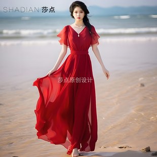 法式浪漫红裙子长款到脚踝大摆裙雪纺短袖夏季新款海边拍照度假裙