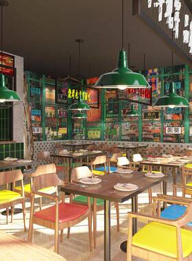 现代餐创意复古工店业风红灯饰绿色火色锅店饭铺商G051用灯单头厅