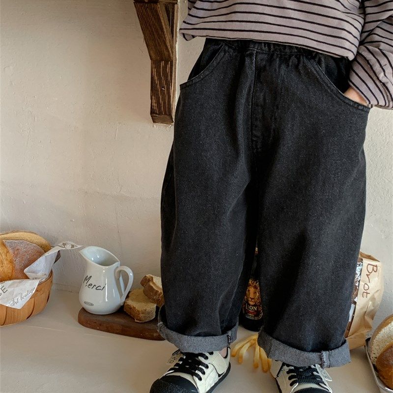 暮晨家新款秋装2023男童纯黑色棉质牛仔裤中小童宽松直筒裤阔腿裤