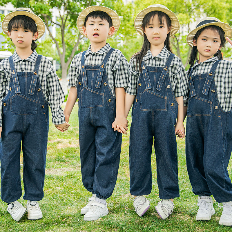 儿童演出服牛仔很忙大合唱服背带裤套装小学生幼儿园表演服舞蹈服