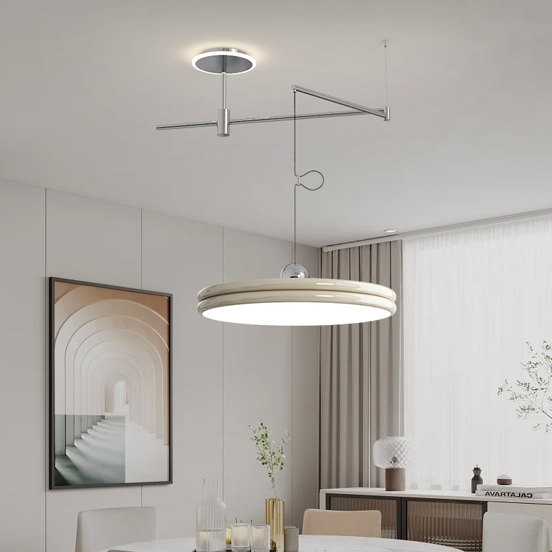 餐厅吊灯全光谱极简奶油风北欧摇臂圆盘飞碟创意个性餐桌吧台吊灯