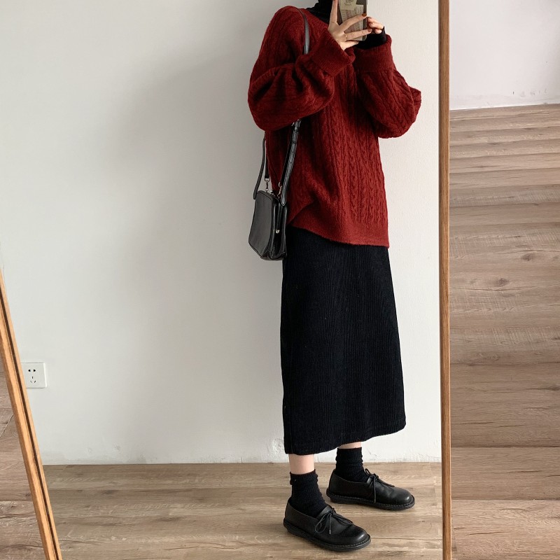 秋冬复古芥末绿灯芯绒开叉半身裙 开春敲百搭显瘦直筒裙中长裙子