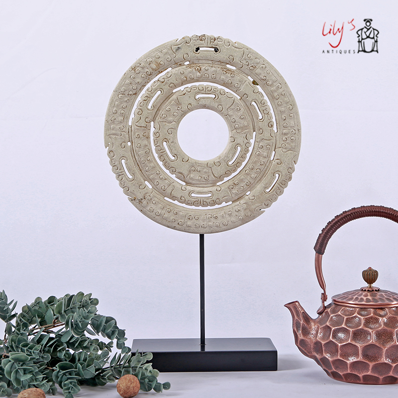 仿古做旧雕刻玉璧家居玄关玉片摆件酒店新中式软装摆设饰品复古