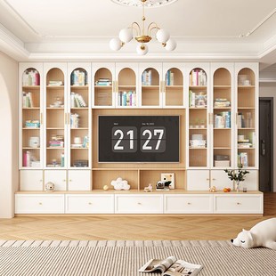 定制满墙书柜带卡座一体组合带玻璃门落地到顶白色书橱原木奶油风