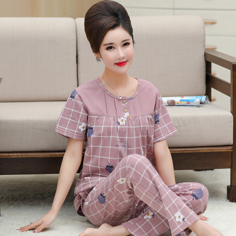 夏季女士短袖长裤纯棉睡衣薄款套头中年妈妈加肥加大码套装家居服