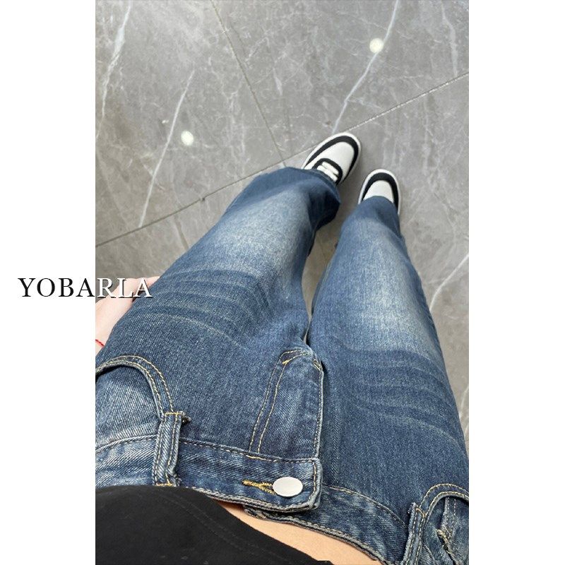 复古蓝阔腿牛仔裤女春秋高腰宽松大码胖mm显瘦梨形身材窄版直筒裤