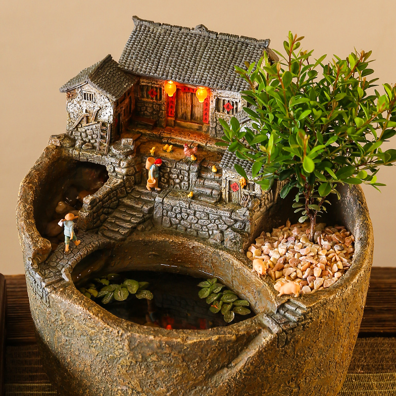 创意流水摆件循环水玄关永动露台造景鱼缸禅意造景茶几装饰品复古