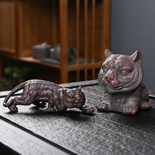 紫陶生肖虎摆件家居饰品手工客厅办公室玄关桌面摆设精品茶宠茶玩