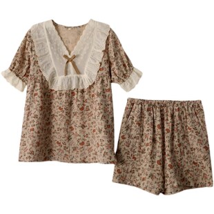 收口家居睡眠服薄款 纯棉纱玫瑰碎花夏季 短裤 大蕾丝套头睡衣女短袖