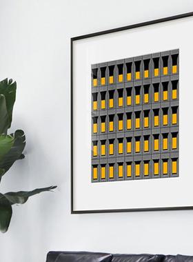现代简书房装画饰黄色壁建筑简约设计师约挂画抽象几何正PUT方形