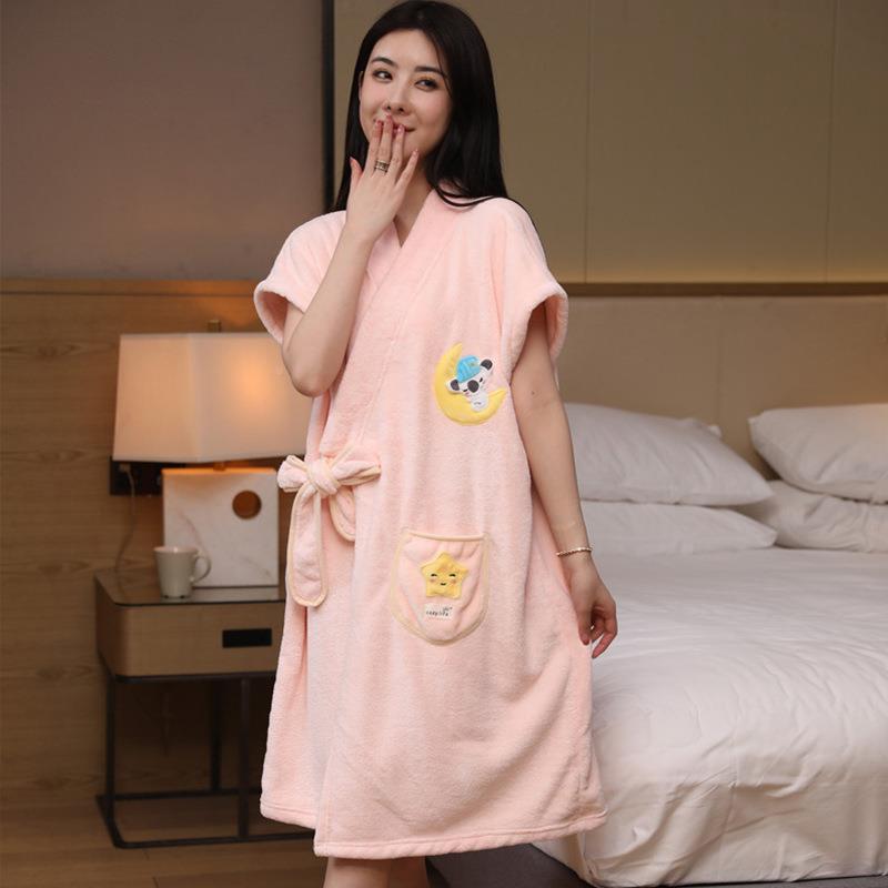 叉严选珊瑚绒可穿浴巾加厚ZNF柔软水交绑女生款卡通可爱风吸带浴