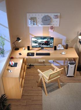 用025新款实木2习电脑桌卧IKY室家黑色转角学桌子l型书桌书柜电竞