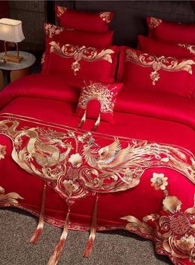 支加密长高绒棉龙凤红色四纯件套棉被套刺绣大结红陪CDI嫁婚床上