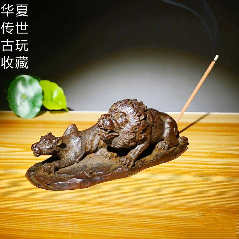 仿古回流纯铜狮子香插茶宠摆件