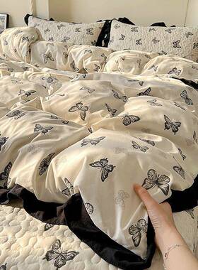 法式赫风床NYF加盖四本件套花边款水洗棉单防滑铺盖夹棉厚床三件