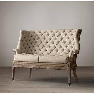 法式乡村复古实橡木麻KQI双人沙发美木式客厅家用亚单布艺拉扣人