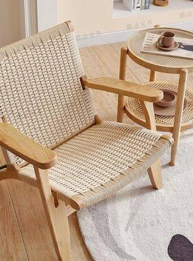 实木休看闲沙发椅阳台编舒适书椅子读单人客厅绳懒人家阅用靠VDW