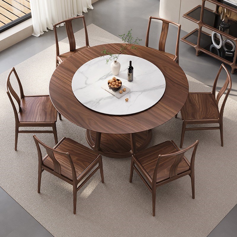 实木圆桌黑胡桃木餐桌椅中式家用大小户型带岩板转盘圆形餐桌